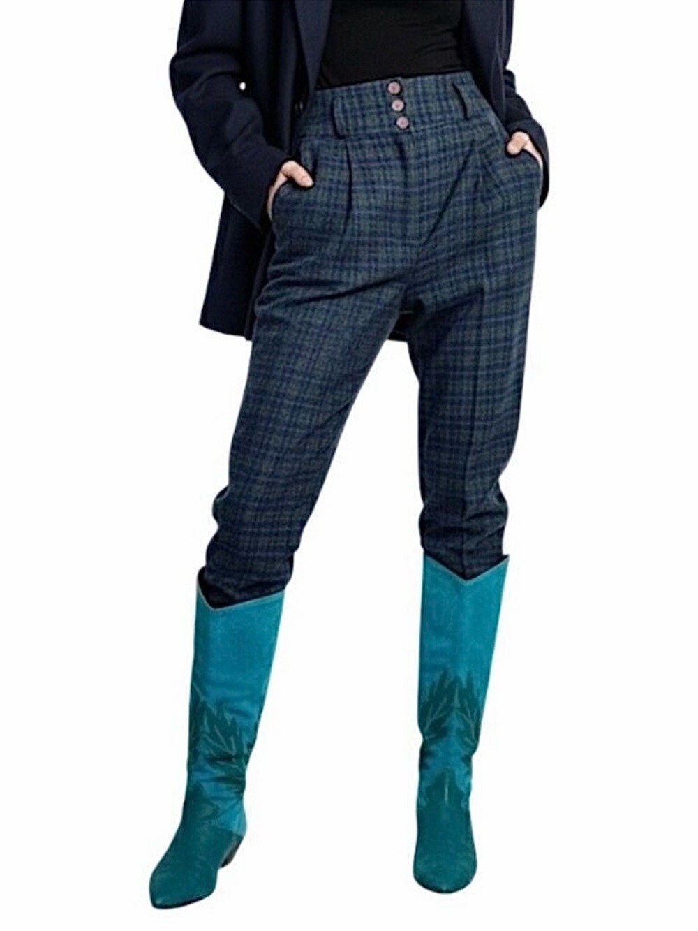 Vintage 80s 90s wool blend blue grey plaid check high rise tapered trousers 36